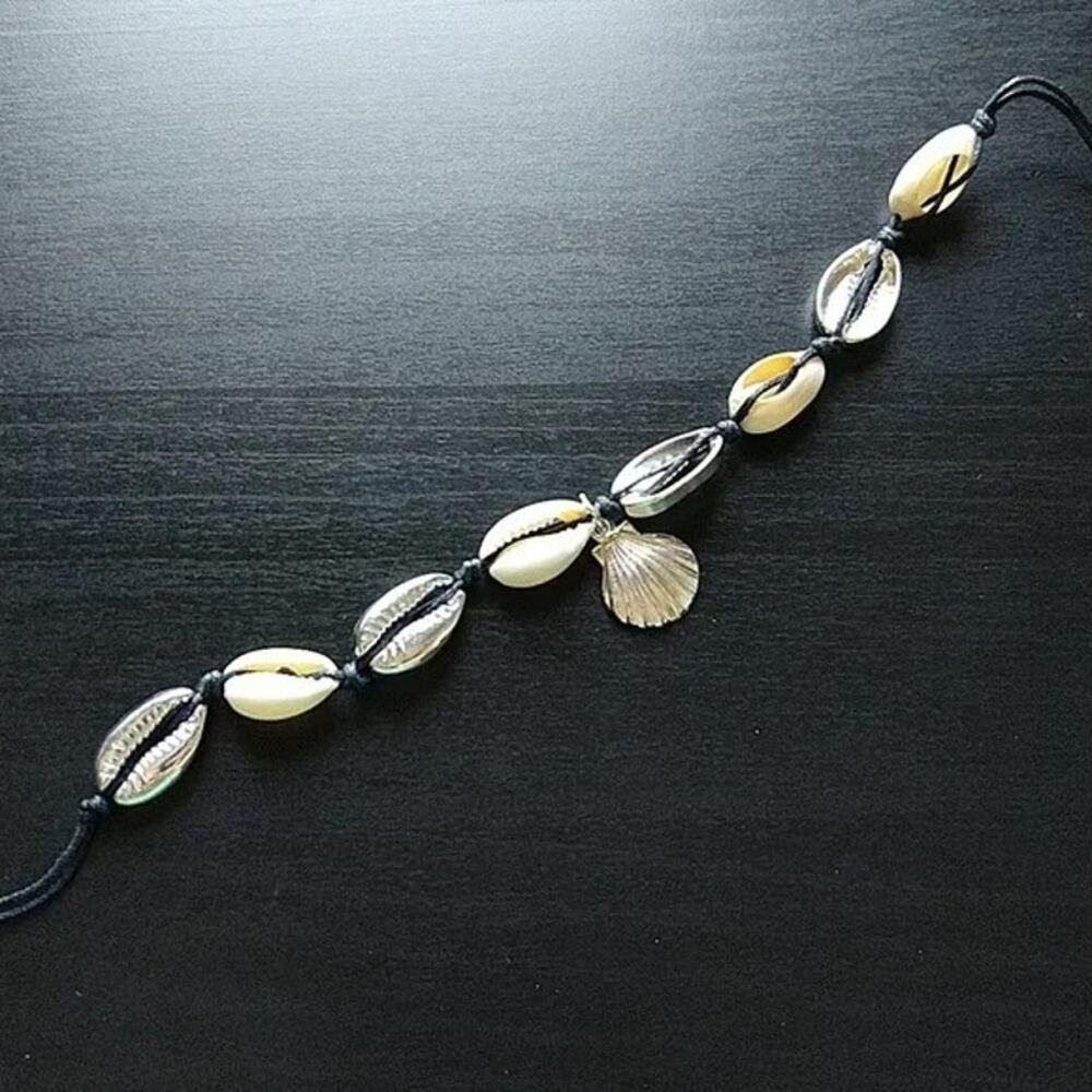 6 Seashell Anklet Bracelets OSFA black cord tie closure half shells silver gold - Picture 6 of 8